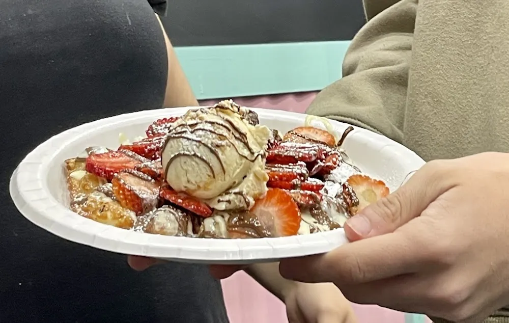 Waffle with Strawberries and Ice Cream